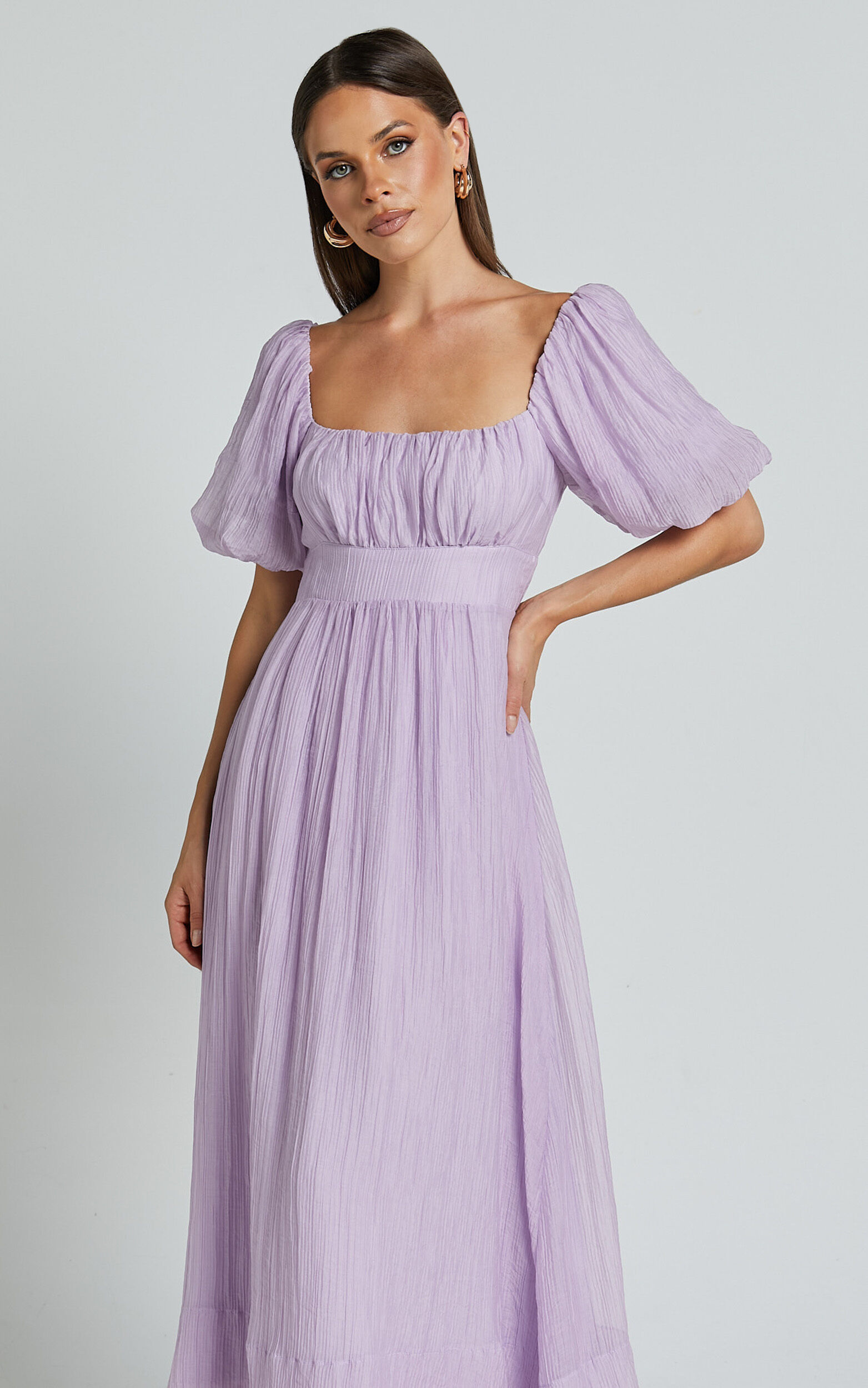Roshina Midi Dress - Straight Neck Puff Sleeve Dress in Lavender 15 Roshina Midi Dress - Straight Neck Puff Sleeve Dress in Lavender
