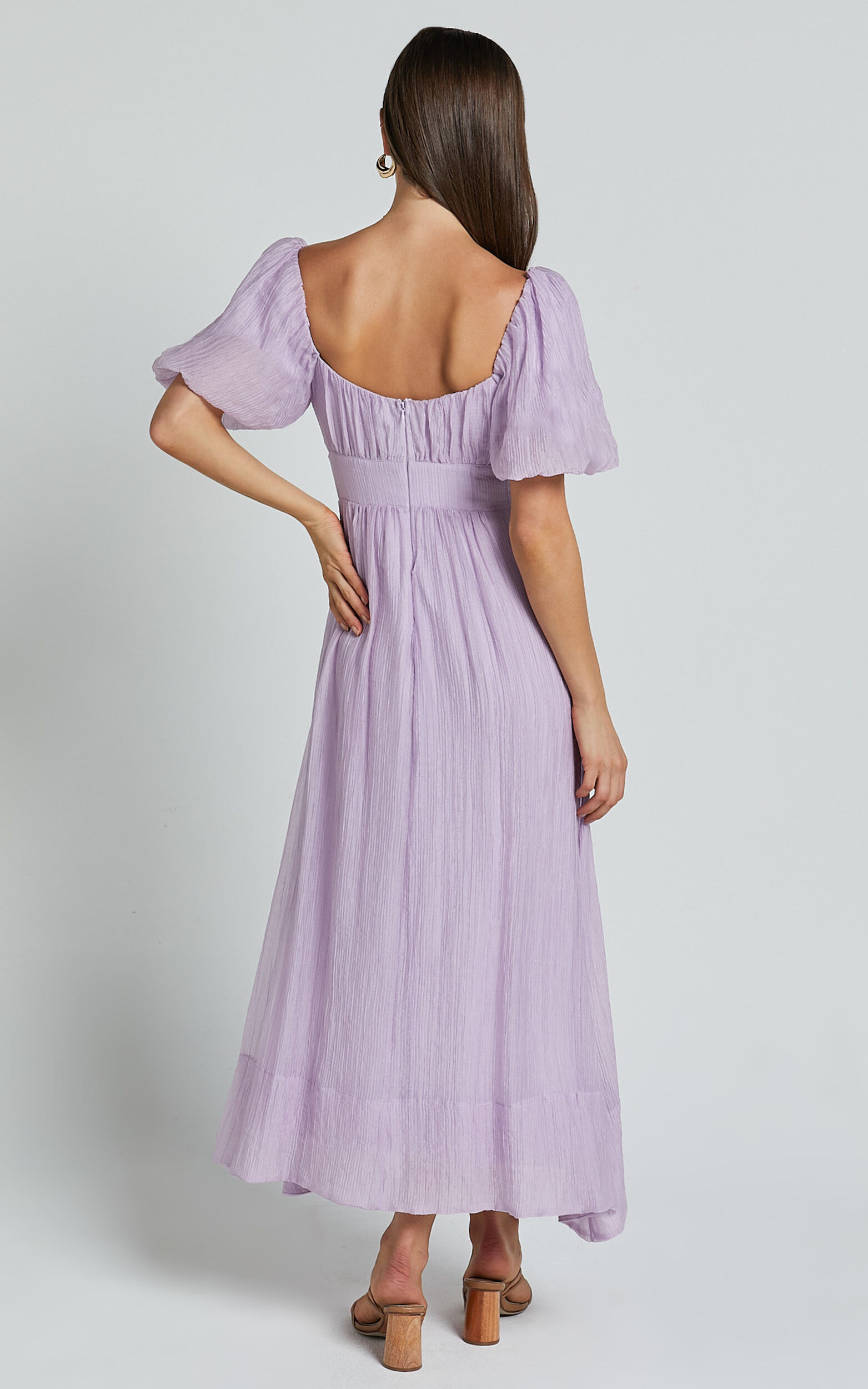 Roshina Midi Dress - Straight Neck Puff Sleeve Dress in Lavender 16 Roshina Midi Dress - Straight Neck Puff Sleeve Dress in Lavender