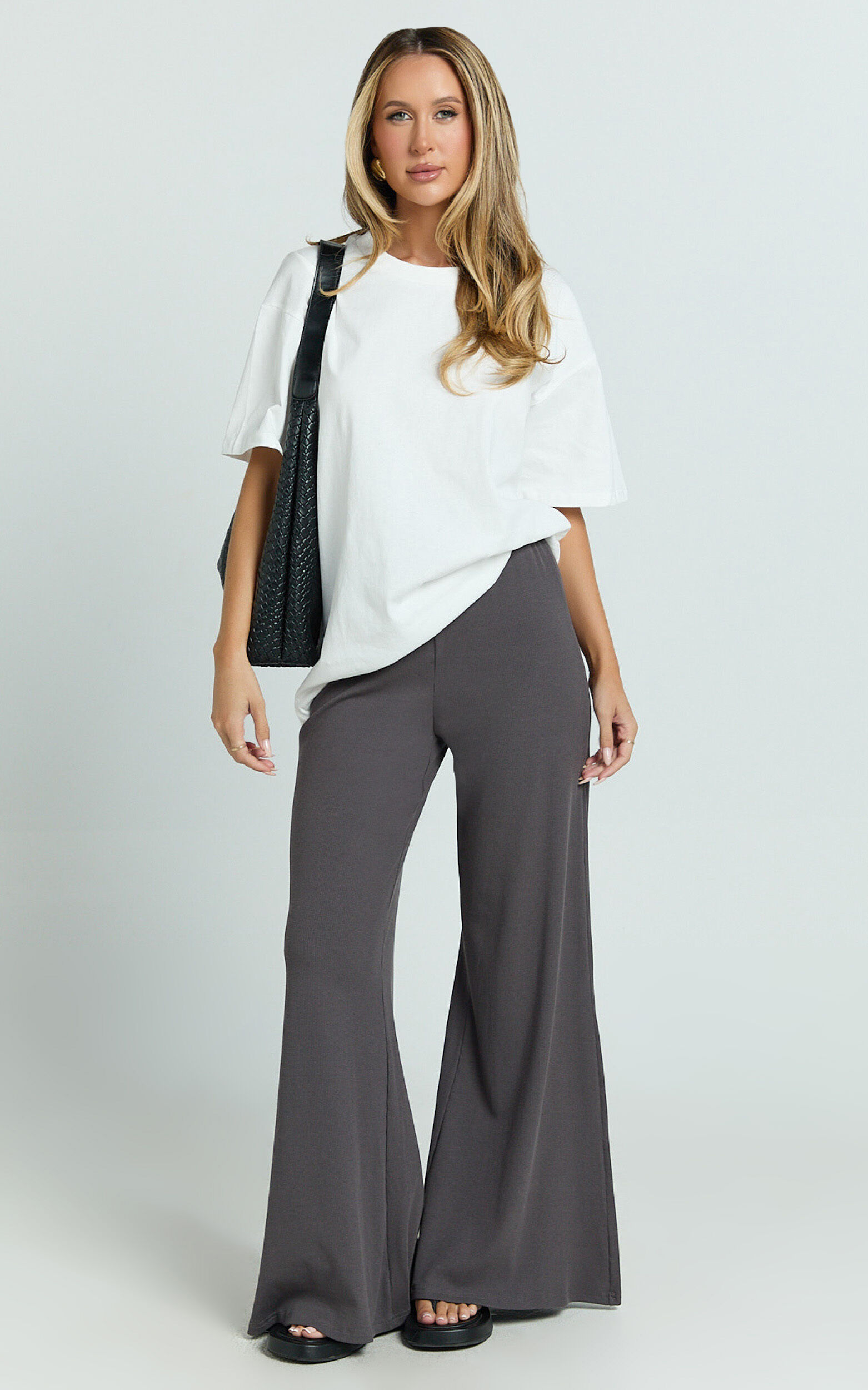 Amalthea Pants - High Waisted Jersey Rib Wide Leg Pants in Charcoal 1 Amalthea Pants - High Waisted Jersey Rib Wide Leg Pants in Charcoal