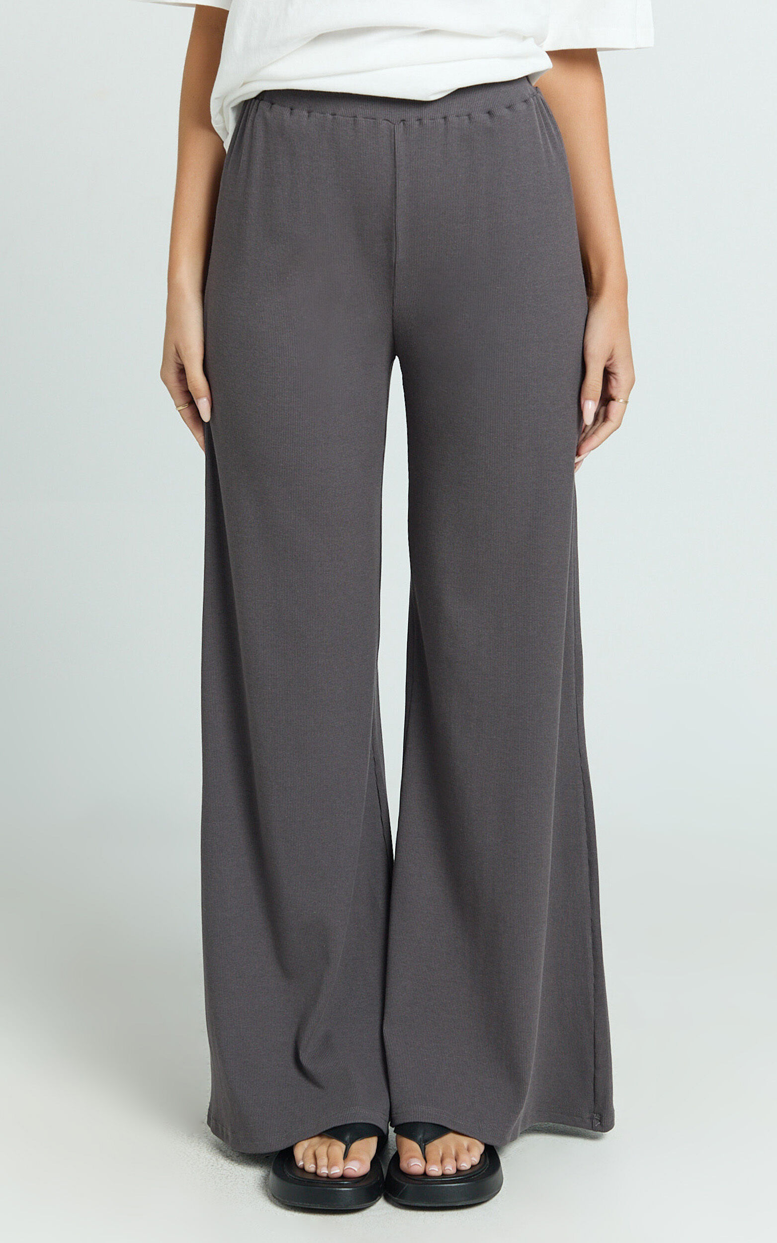 Amalthea Pants - High Waisted Jersey Rib Wide Leg Pants in Charcoal 9 Amalthea Pants - High Waisted Jersey Rib Wide Leg Pants in Charcoal