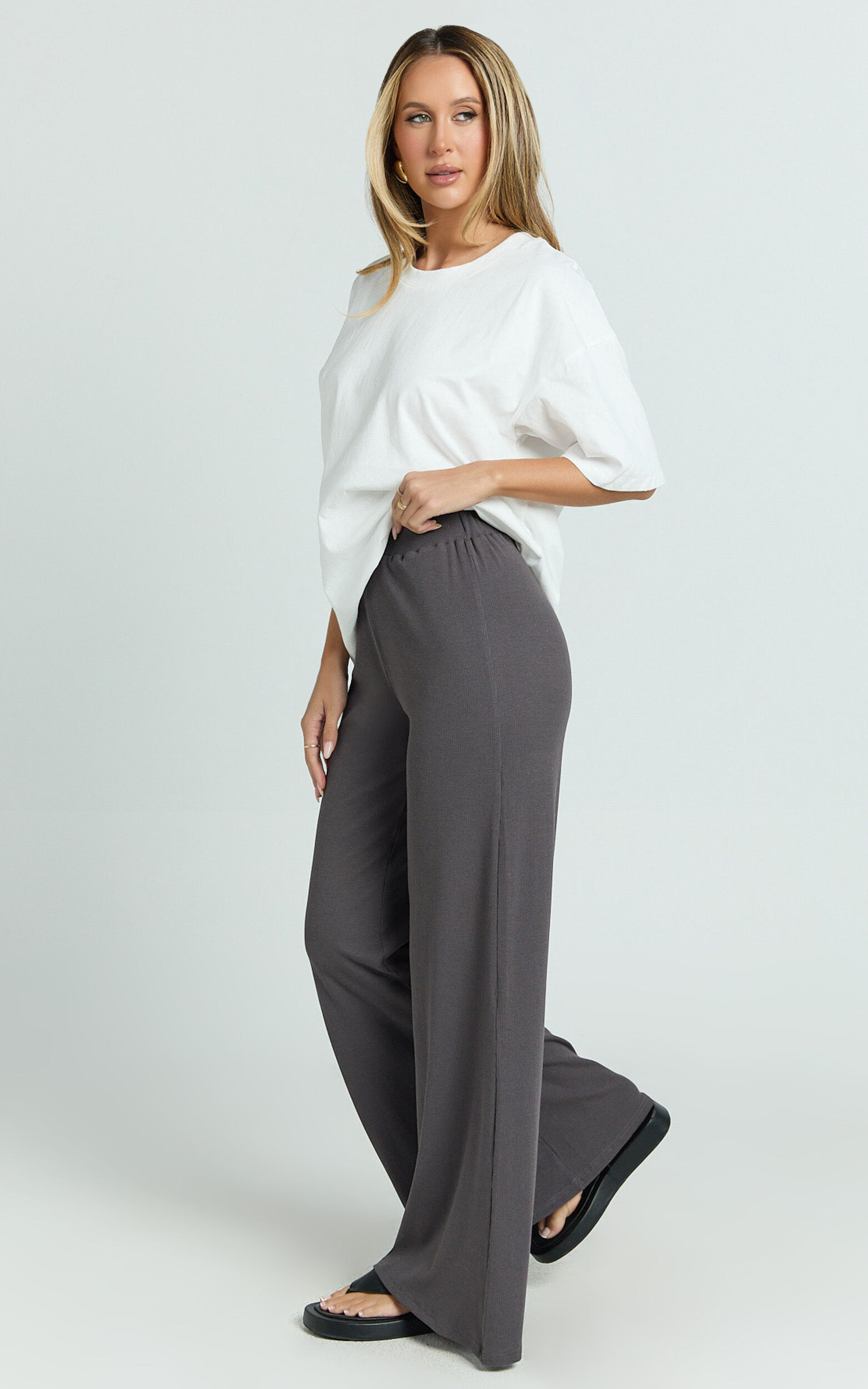 Amalthea Pants - High Waisted Jersey Rib Wide Leg Pants in Charcoal 11 Amalthea Pants - High Waisted Jersey Rib Wide Leg Pants in Charcoal