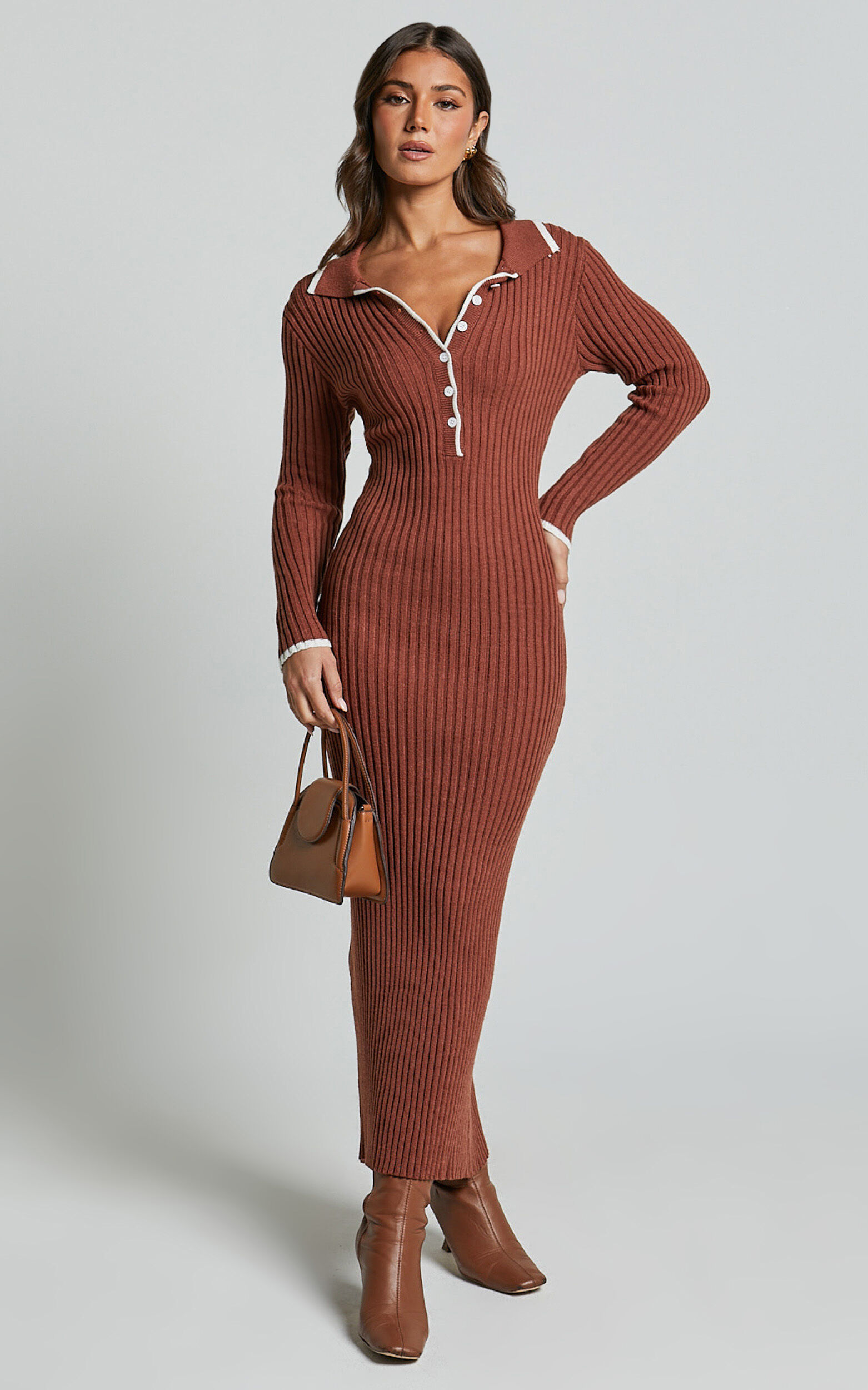 Becky Midi Dress - Button Front Contrast Knit Midi Dress in Chocolate 1 Becky Midi Dress - Button Front Contrast Knit Midi Dress in Chocolate