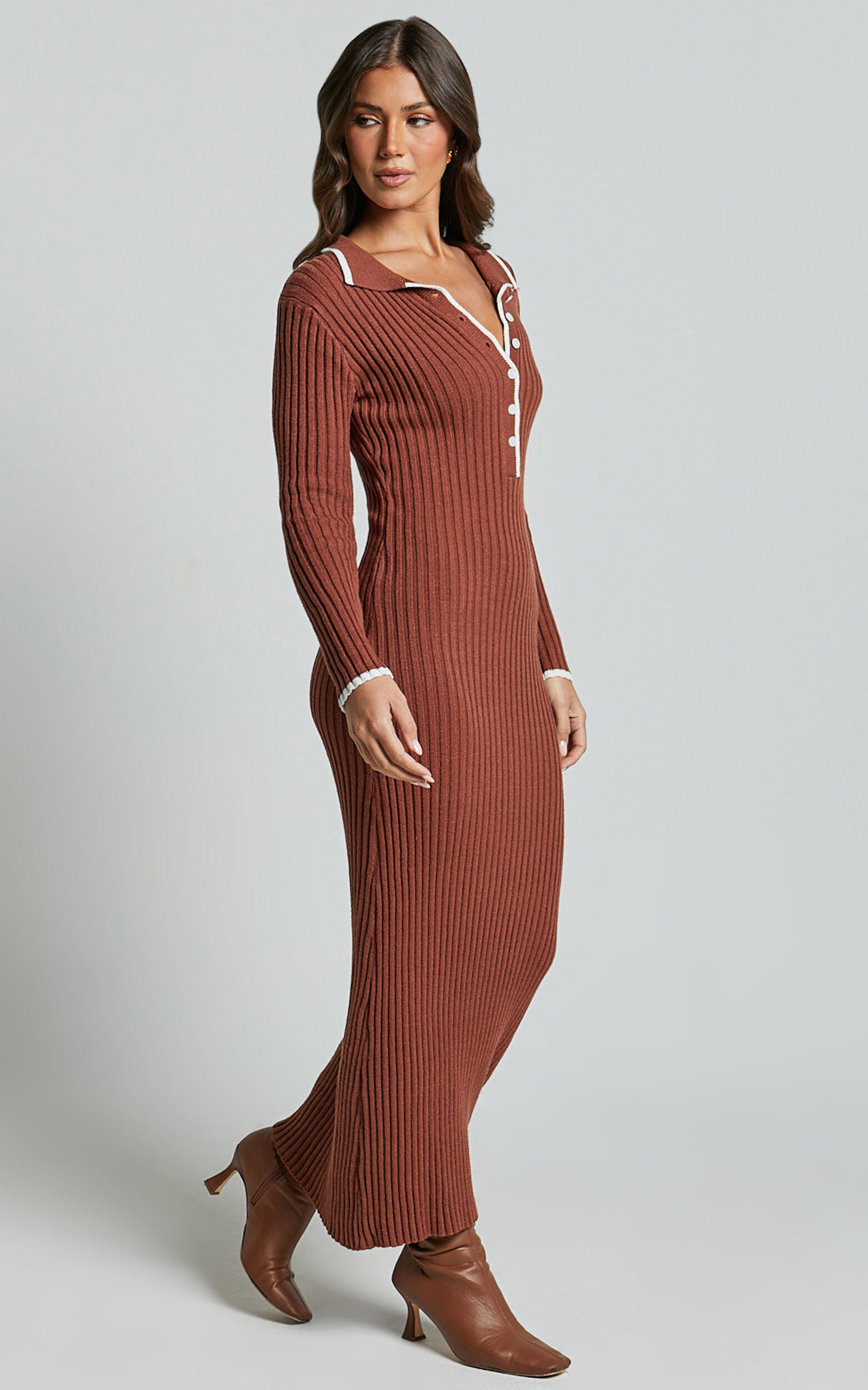 Becky Midi Dress - Button Front Contrast Knit Midi Dress in Chocolate 8 Becky Midi Dress - Button Front Contrast Knit Midi Dress in Chocolate