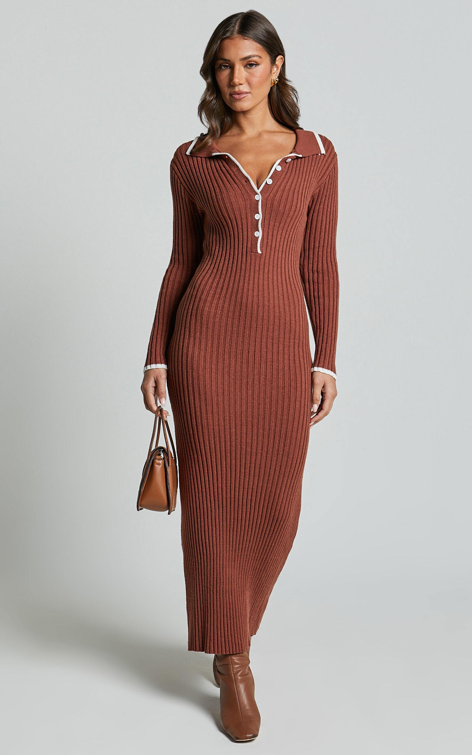 Becky Midi Dress - Button Front Contrast Knit Midi Dress in Chocolate 9 Becky Midi Dress - Button Front Contrast Knit Midi Dress in Chocolate