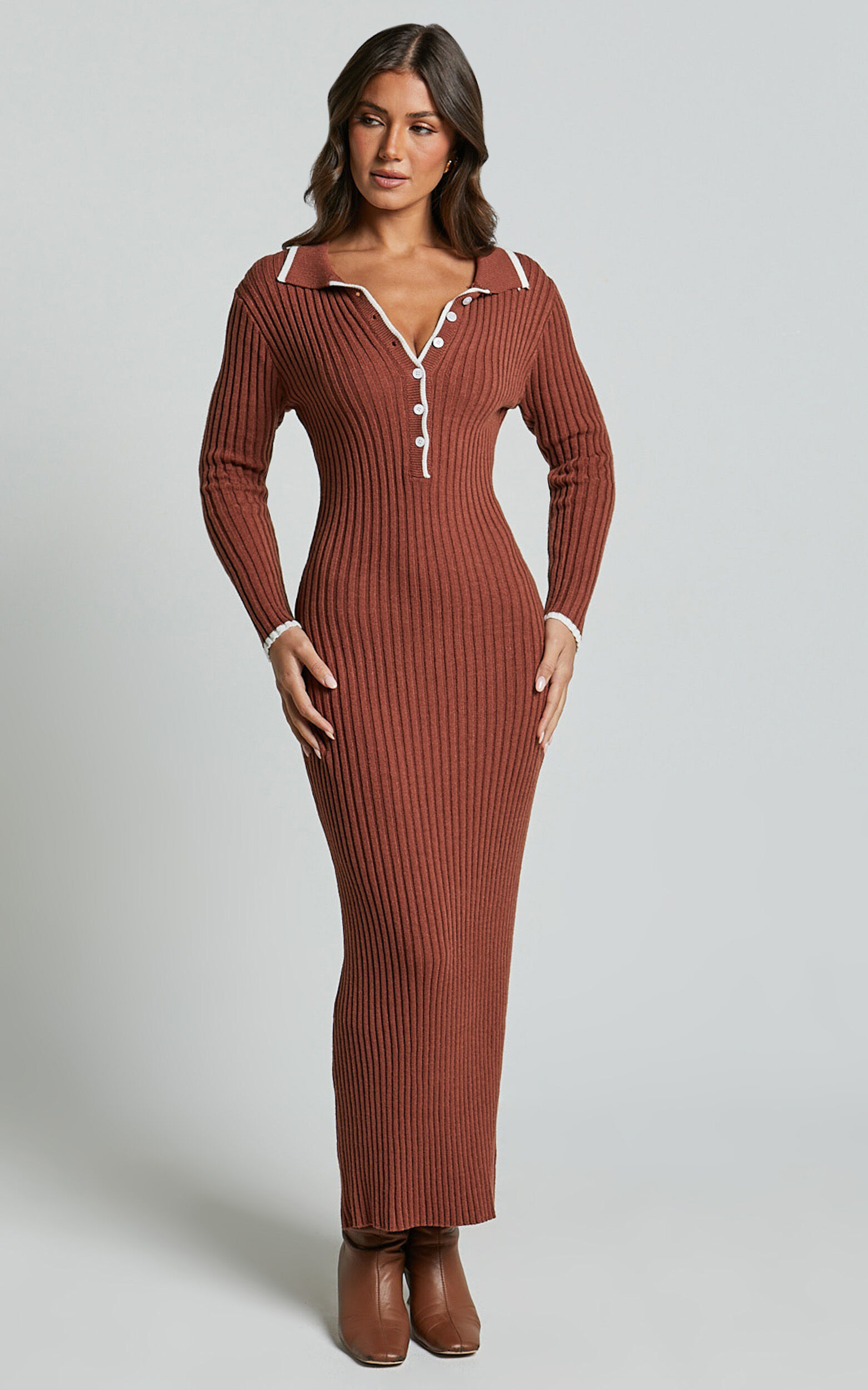 Becky Midi Dress - Button Front Contrast Knit Midi Dress in Chocolate 10 Becky Midi Dress - Button Front Contrast Knit Midi Dress in Chocolate
