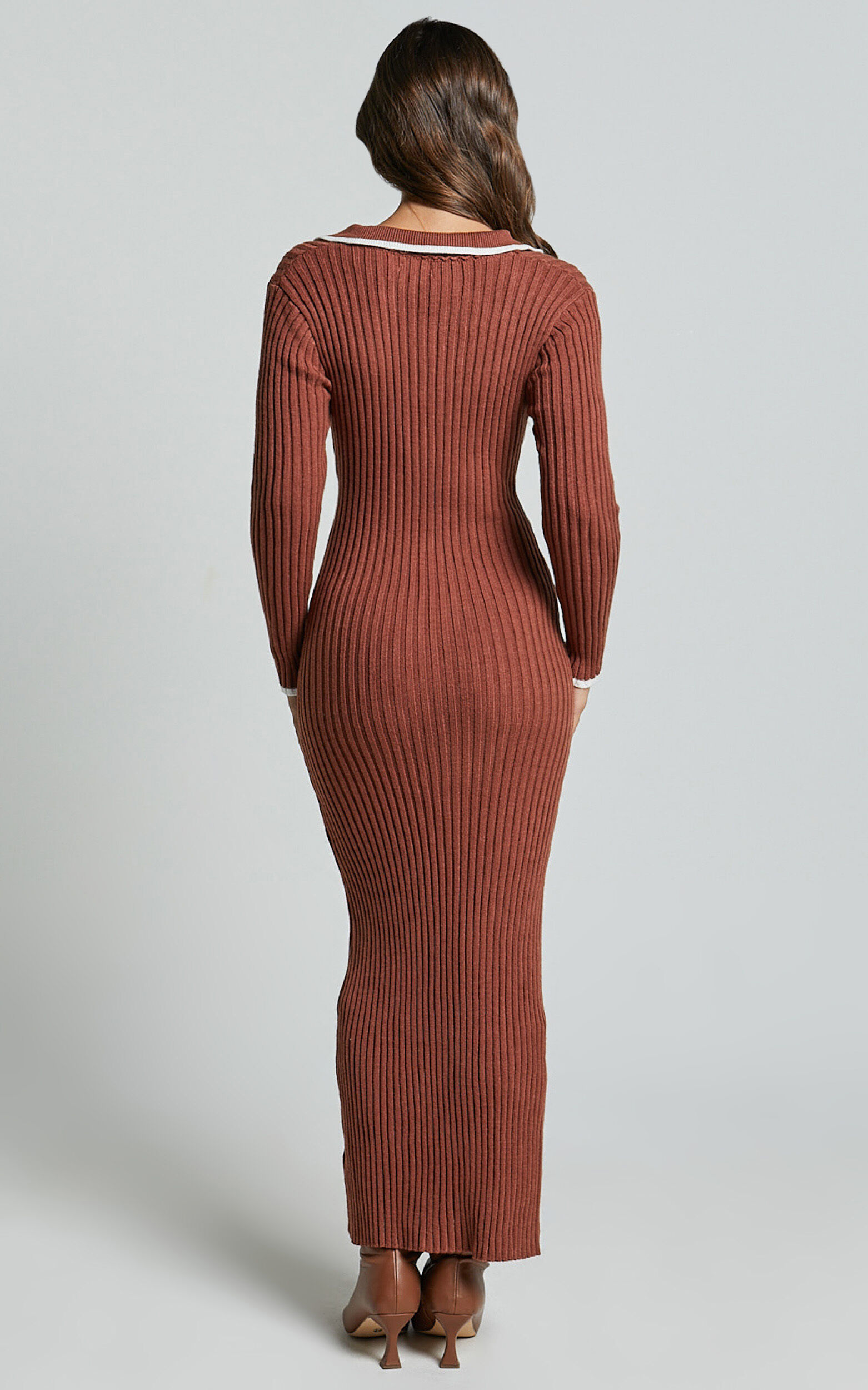 Becky Midi Dress - Button Front Contrast Knit Midi Dress in Chocolate 11 Becky Midi Dress - Button Front Contrast Knit Midi Dress in Chocolate