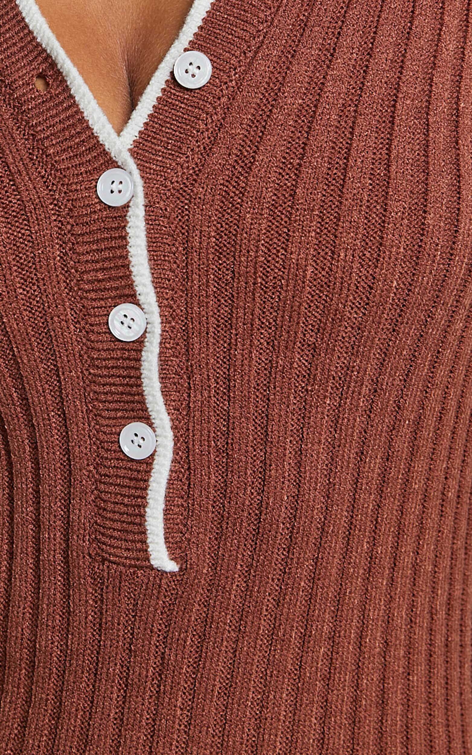 Becky Midi Dress - Button Front Contrast Knit Midi Dress in Chocolate 12 Becky Midi Dress - Button Front Contrast Knit Midi Dress in Chocolate