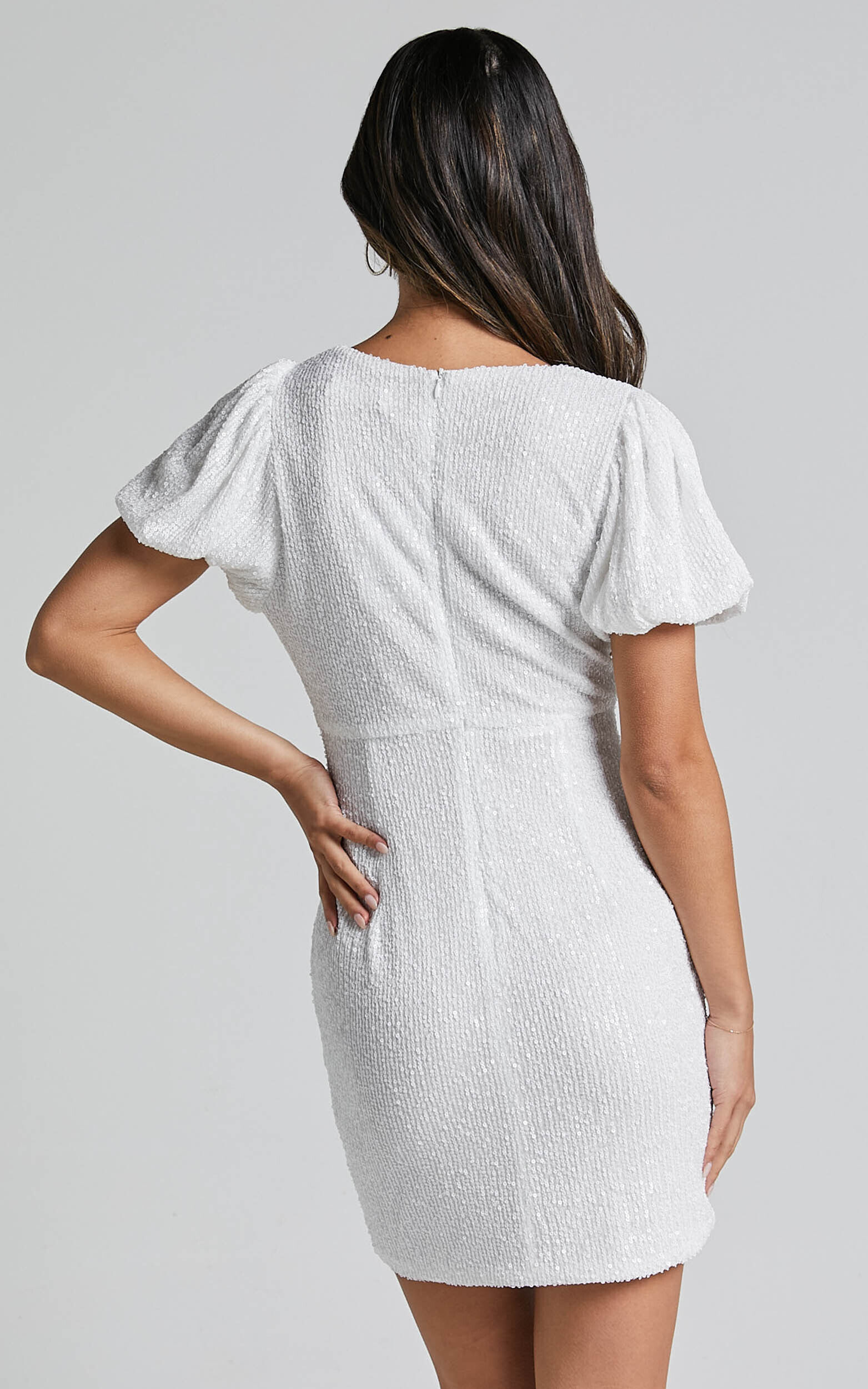 Cleonna Mini Dress - Short Puff Sleeve Plunge Neck Sequin Bodycon in White 15 Cleonna Mini Dress - Short Puff Sleeve Plunge Neck Sequin Bodycon in White