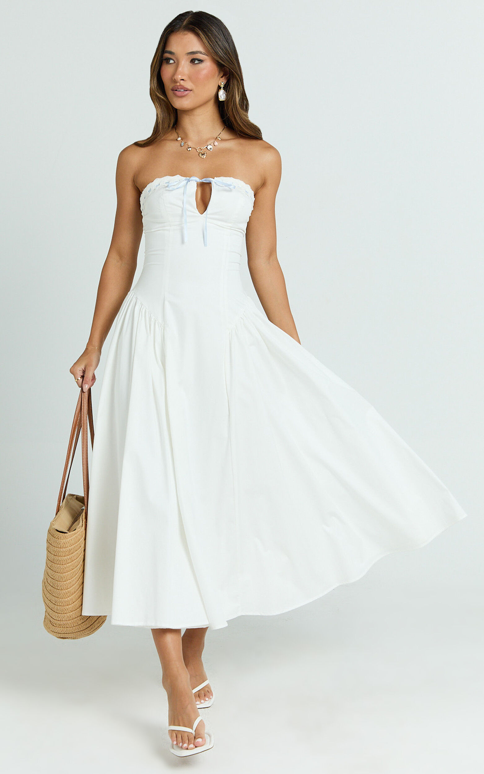 Bambi Midi Dress - Embroidered Strapless Lace Up Fit And Flare Dress in White 1 Bambi Midi Dress - Embroidered Strapless Lace Up Fit And Flare Dress in White