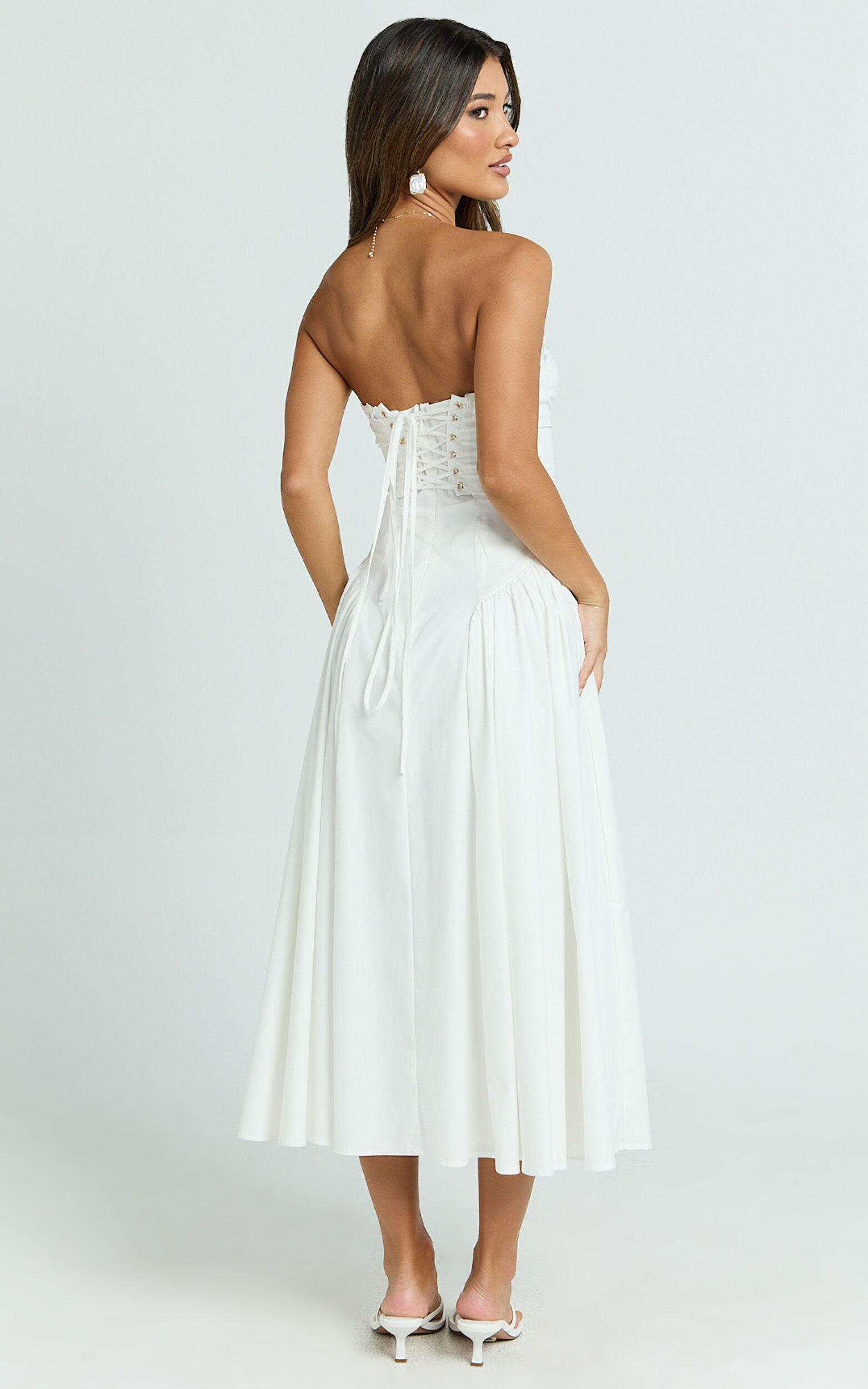 Bambi Midi Dress - Embroidered Strapless Lace Up Fit And Flare Dress in White 9 Bambi Midi Dress - Embroidered Strapless Lace Up Fit And Flare Dress in White