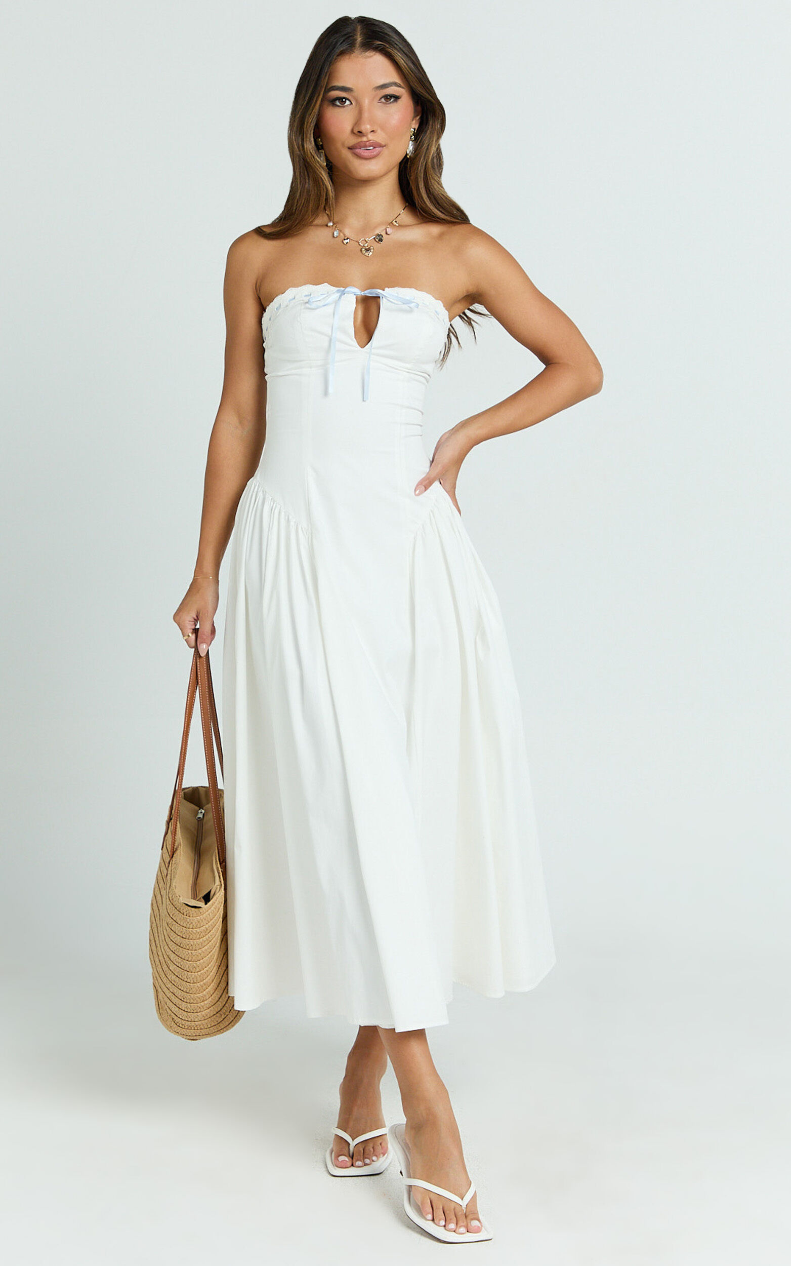 Bambi Midi Dress - Embroidered Strapless Lace Up Fit And Flare Dress in White 10 Bambi Midi Dress - Embroidered Strapless Lace Up Fit And Flare Dress in White