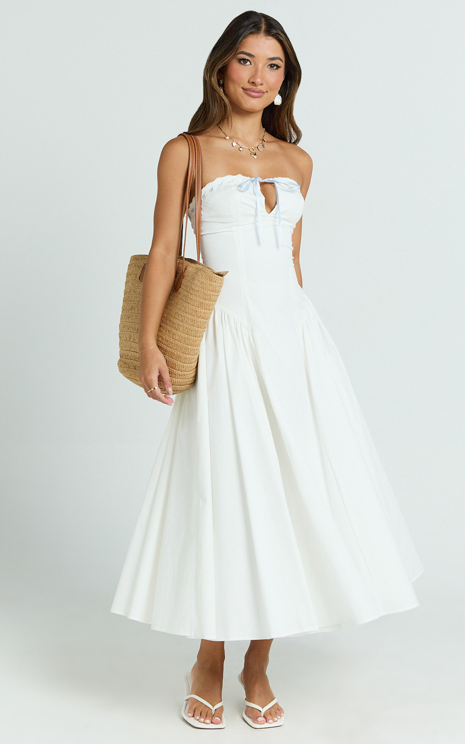 Bambi Midi Dress - Embroidered Strapless Lace Up Fit And Flare Dress in White 11 Bambi Midi Dress - Embroidered Strapless Lace Up Fit And Flare Dress in White