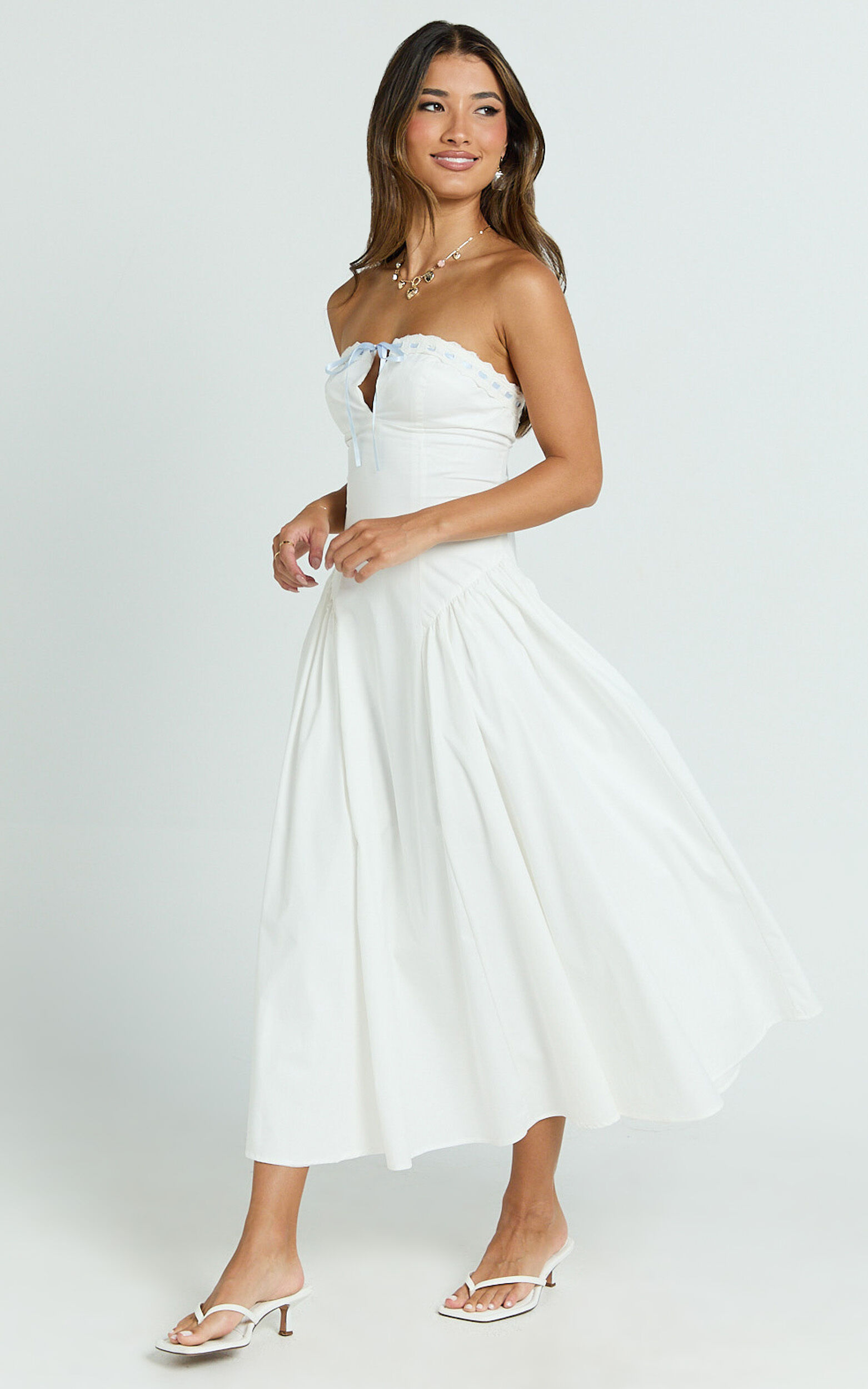 Bambi Midi Dress - Embroidered Strapless Lace Up Fit And Flare Dress in White 12 Bambi Midi Dress - Embroidered Strapless Lace Up Fit And Flare Dress in White