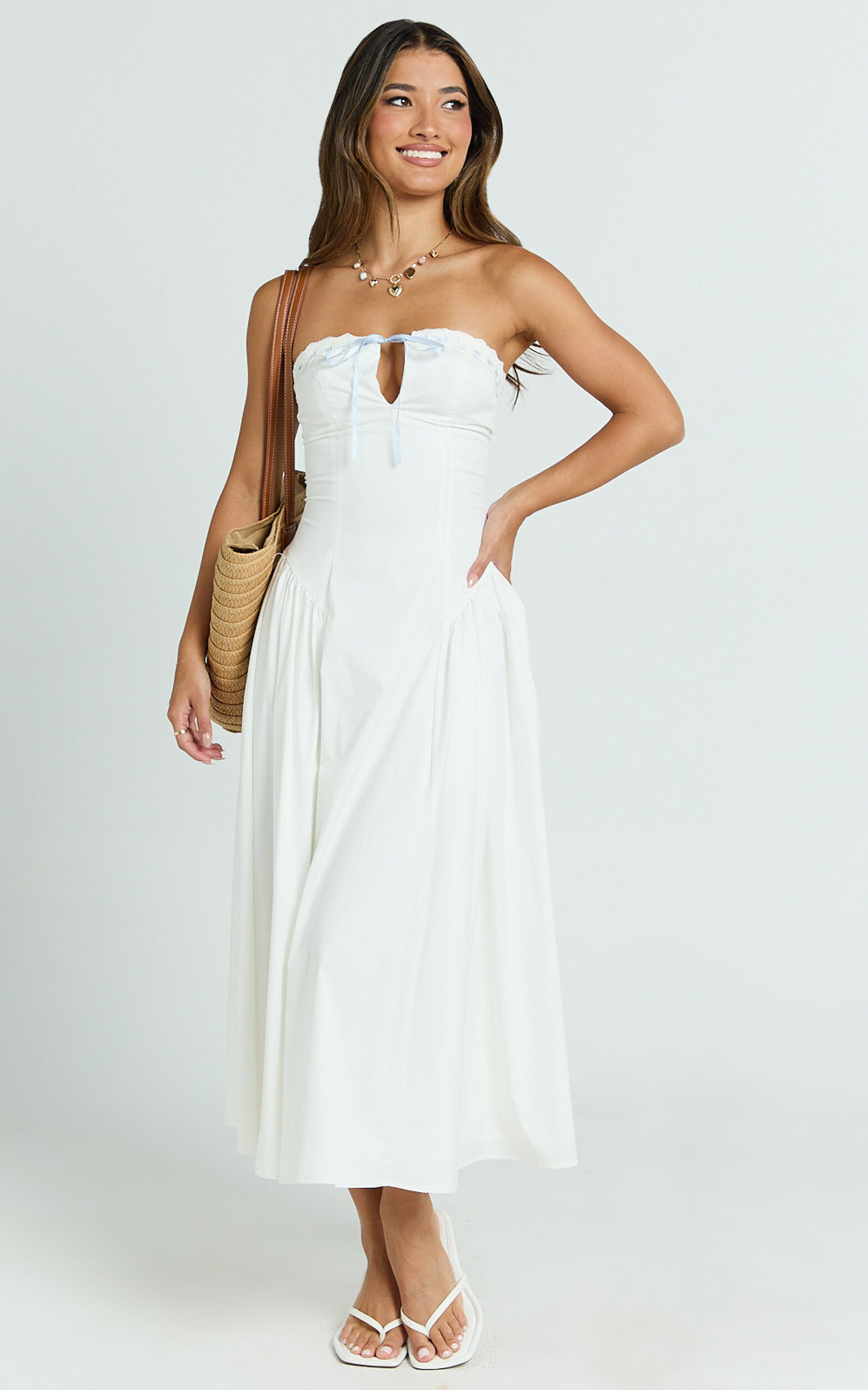 Bambi Midi Dress - Embroidered Strapless Lace Up Fit And Flare Dress in White 13 Bambi Midi Dress - Embroidered Strapless Lace Up Fit And Flare Dress in White
