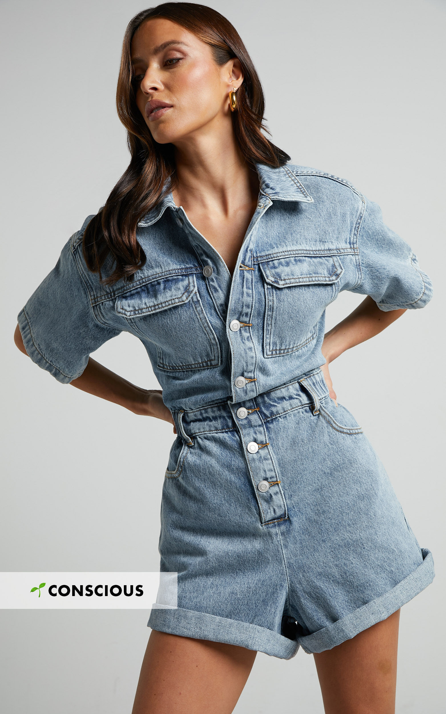 Leo Playsuit - Collared Short Sleeve Button Front Denim Playsuit in Mid Blue Acid Wash 10 Leo Playsuit - Collared Short Sleeve Button Front Denim Playsuit in Mid Blue Acid Wash