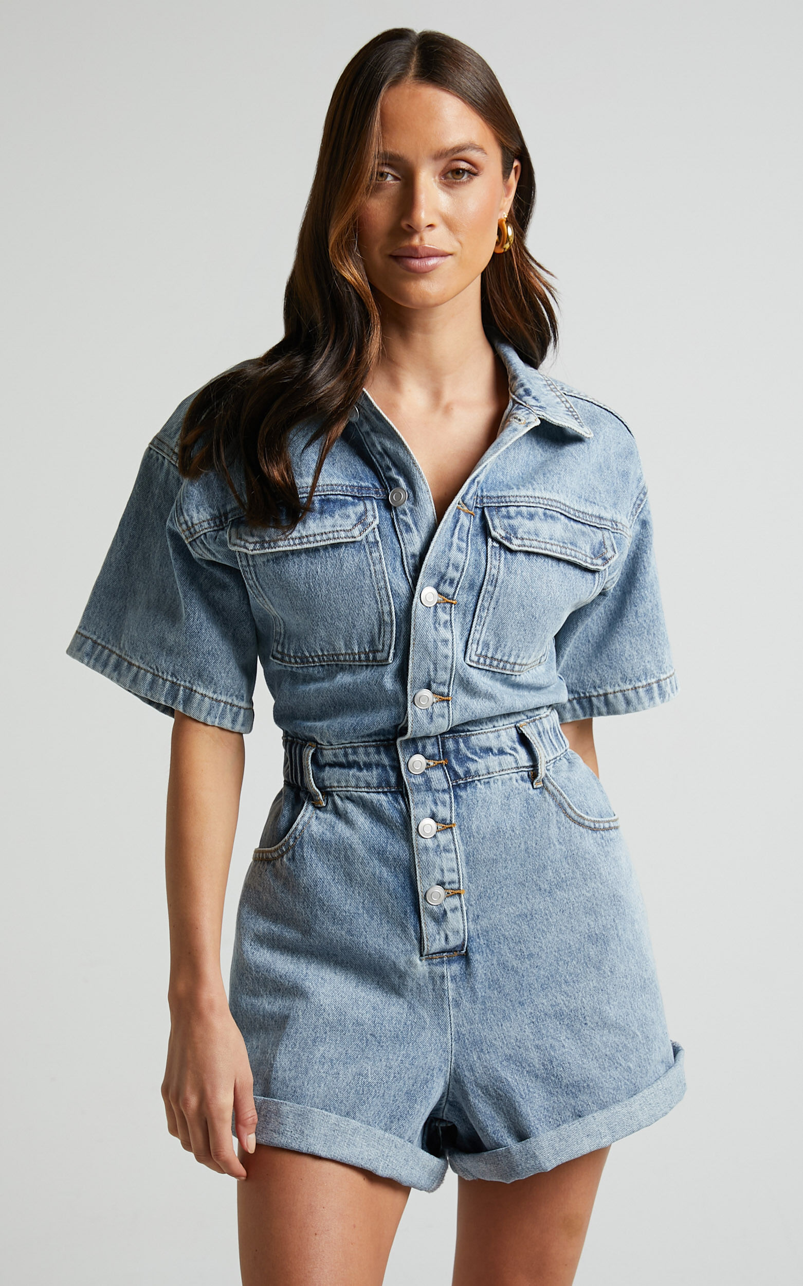 Leo Playsuit - Collared Short Sleeve Button Front Denim Playsuit in Mid Blue Acid Wash 11 Leo Playsuit - Collared Short Sleeve Button Front Denim Playsuit in Mid Blue Acid Wash