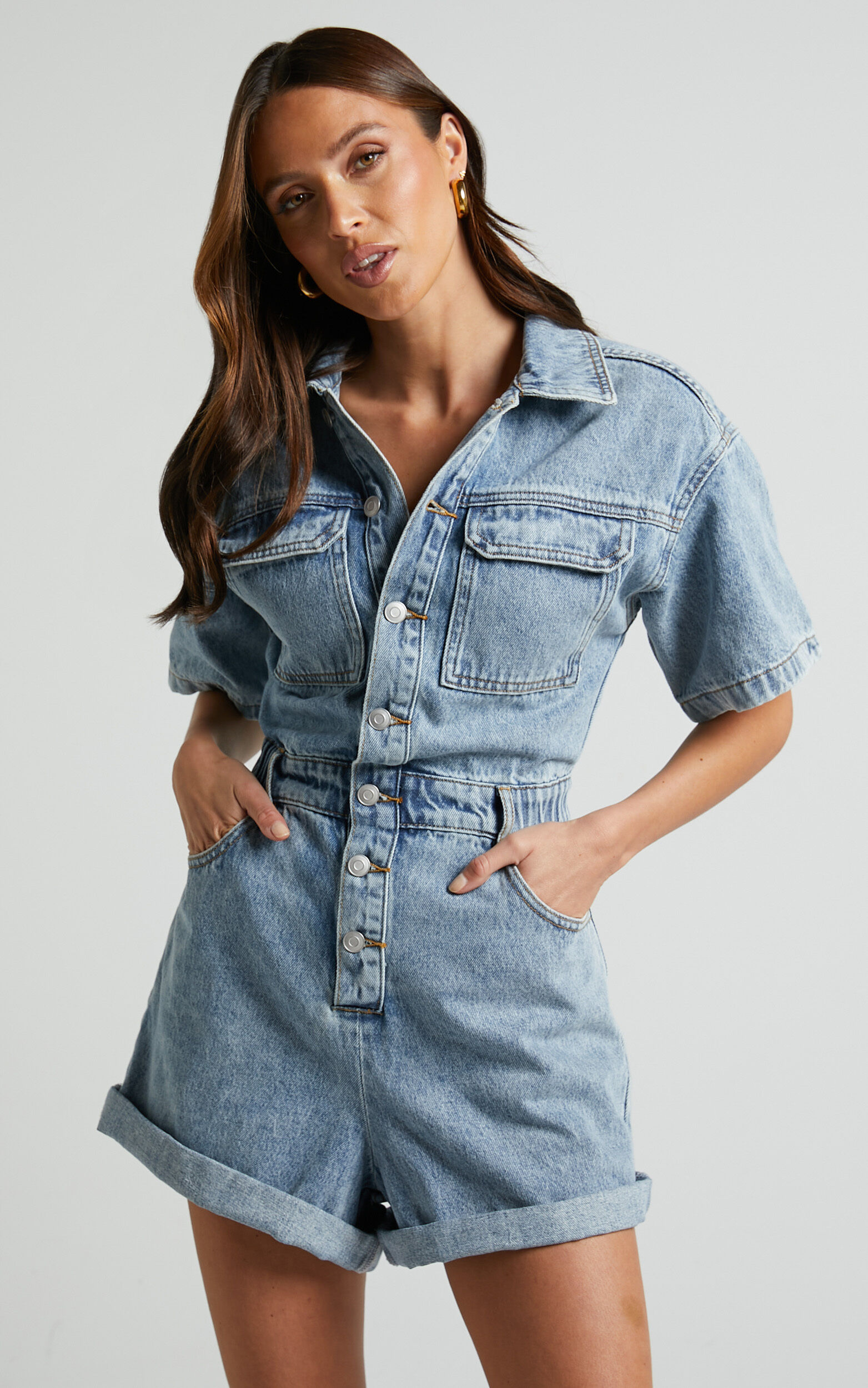 Leo Playsuit - Collared Short Sleeve Button Front Denim Playsuit in Mid Blue Acid Wash 12 Leo Playsuit - Collared Short Sleeve Button Front Denim Playsuit in Mid Blue Acid Wash