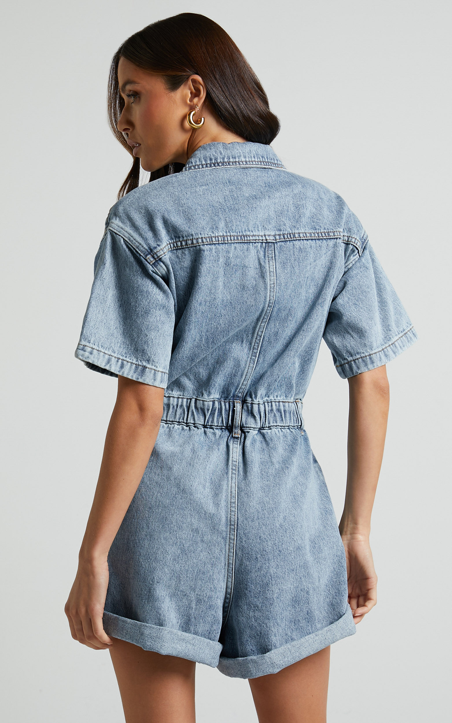 Leo Playsuit - Collared Short Sleeve Button Front Denim Playsuit in Mid Blue Acid Wash 13 Leo Playsuit - Collared Short Sleeve Button Front Denim Playsuit in Mid Blue Acid Wash