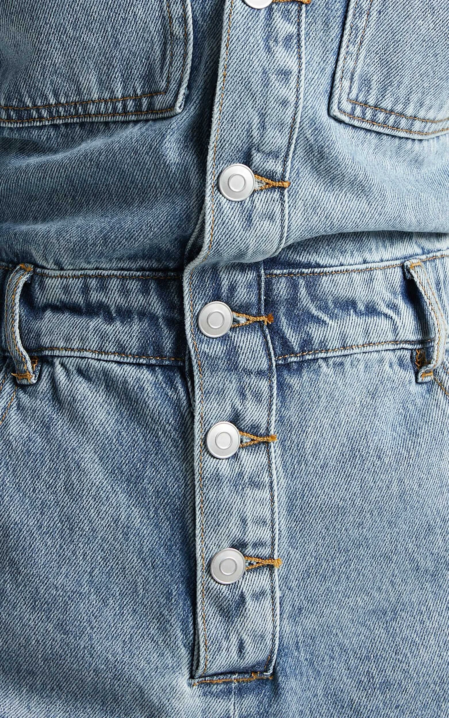Leo Playsuit - Collared Short Sleeve Button Front Denim Playsuit in Mid Blue Acid Wash 14 Leo Playsuit - Collared Short Sleeve Button Front Denim Playsuit in Mid Blue Acid Wash