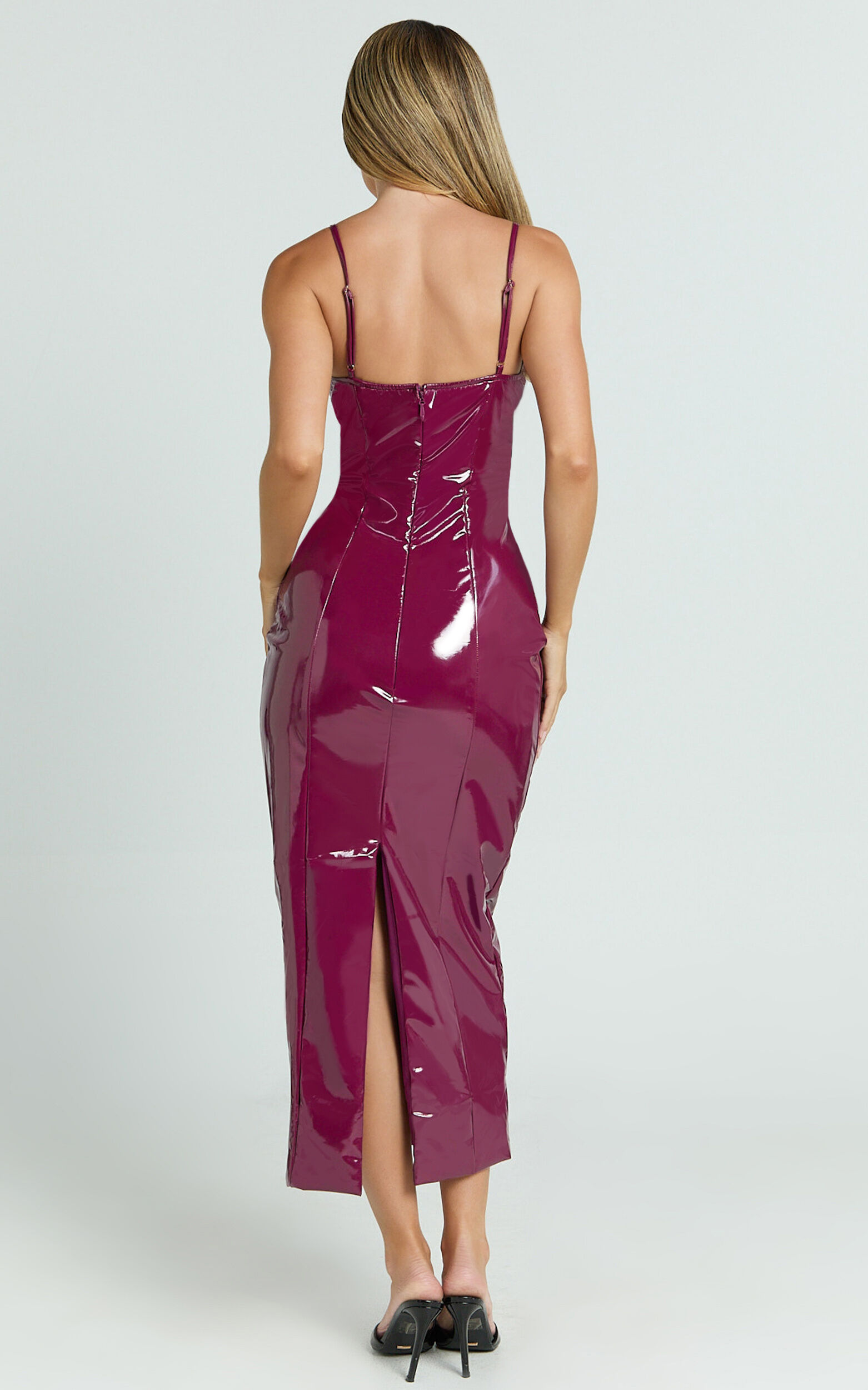 Callie Midi Dress - PU Sweetheart Neck Back Split Bodycon Dress in Dark Cherry 13 Callie Midi Dress - PU Sweetheart Neck Back Split Bodycon Dress in Dark Cherry