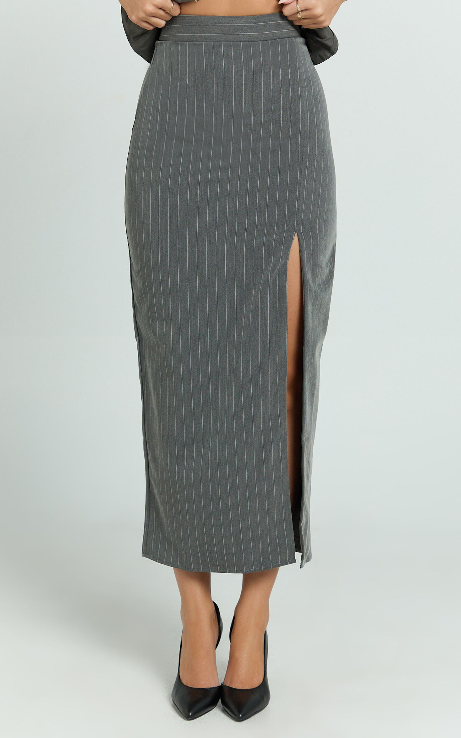 Fiona Midi Skirt - Pinstripe Bodycon Side Leg Split Workwear Skirt in Dark Grey 10 Fiona Midi Skirt - Pinstripe Bodycon Side Leg Split Workwear Skirt in Dark Grey