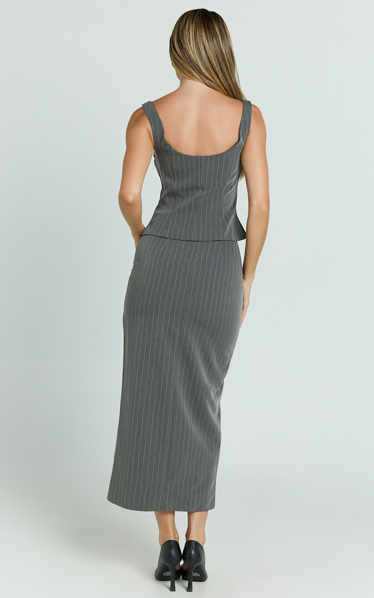 Fiona Midi Skirt - Pinstripe Bodycon Side Leg Split Workwear Skirt in Dark Grey 15 Fiona Midi Skirt - Pinstripe Bodycon Side Leg Split Workwear Skirt in Dark Grey