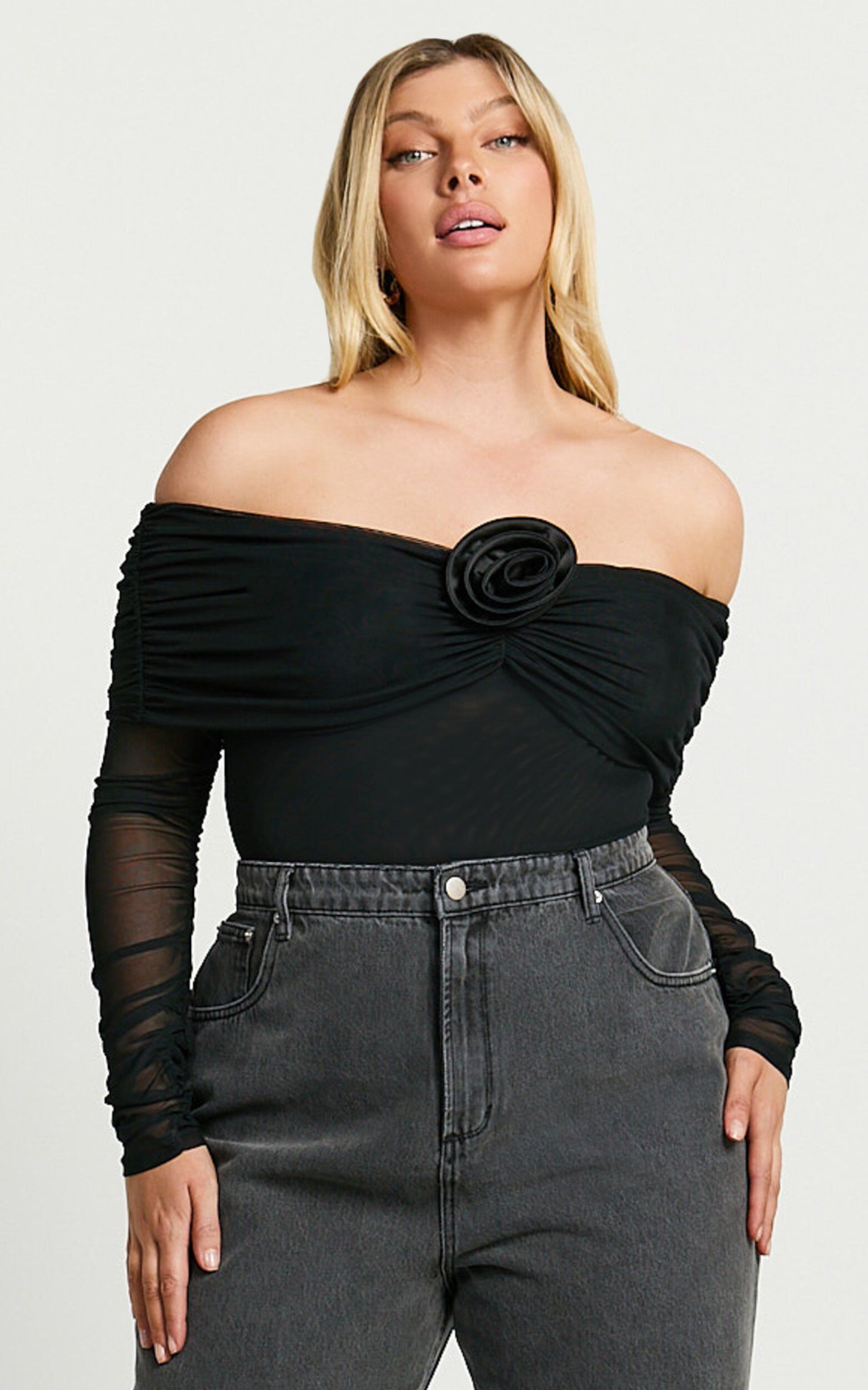 Seraphina Bodysuit - Off Shoulder Long Sleeve Detachable Rosette Mesh Bodysuit in Black 10 Seraphina Bodysuit - Off Shoulder Long Sleeve Detachable Rosette Mesh Bodysuit in Black