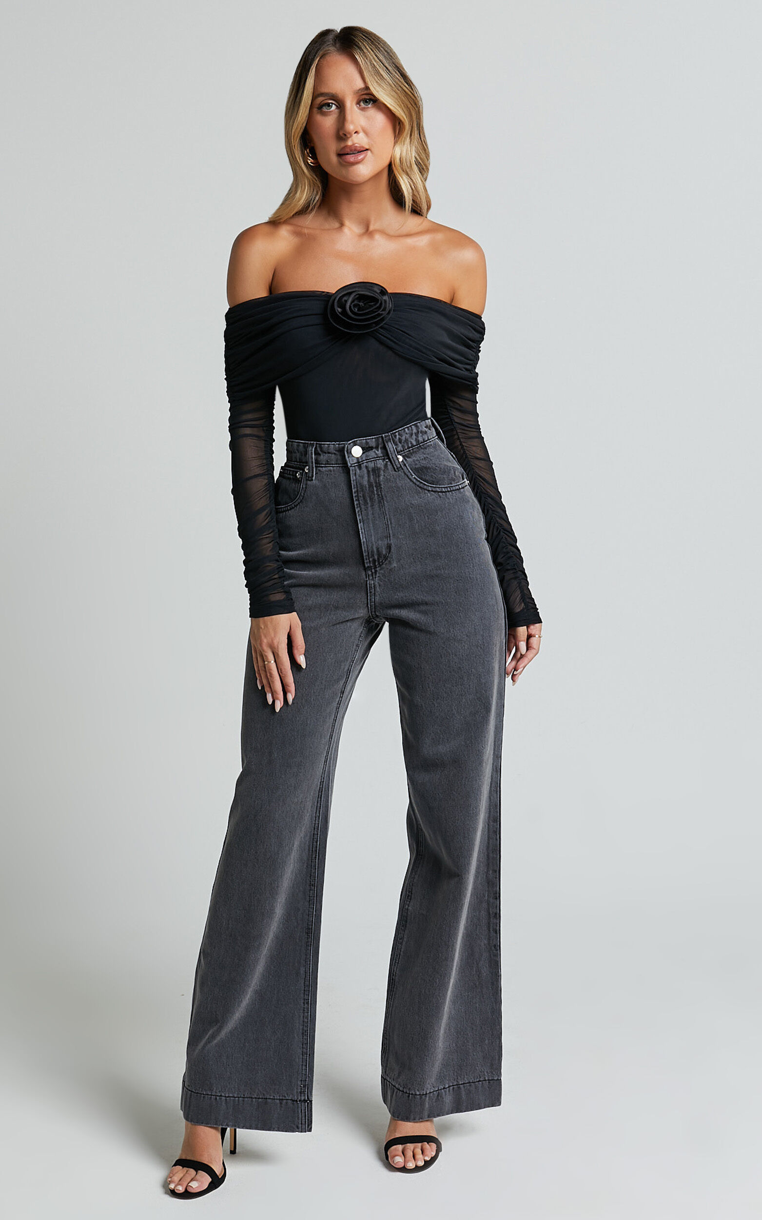 Seraphina Bodysuit - Off Shoulder Long Sleeve Detachable Rosette Mesh Bodysuit in Black 11 Seraphina Bodysuit - Off Shoulder Long Sleeve Detachable Rosette Mesh Bodysuit in Black