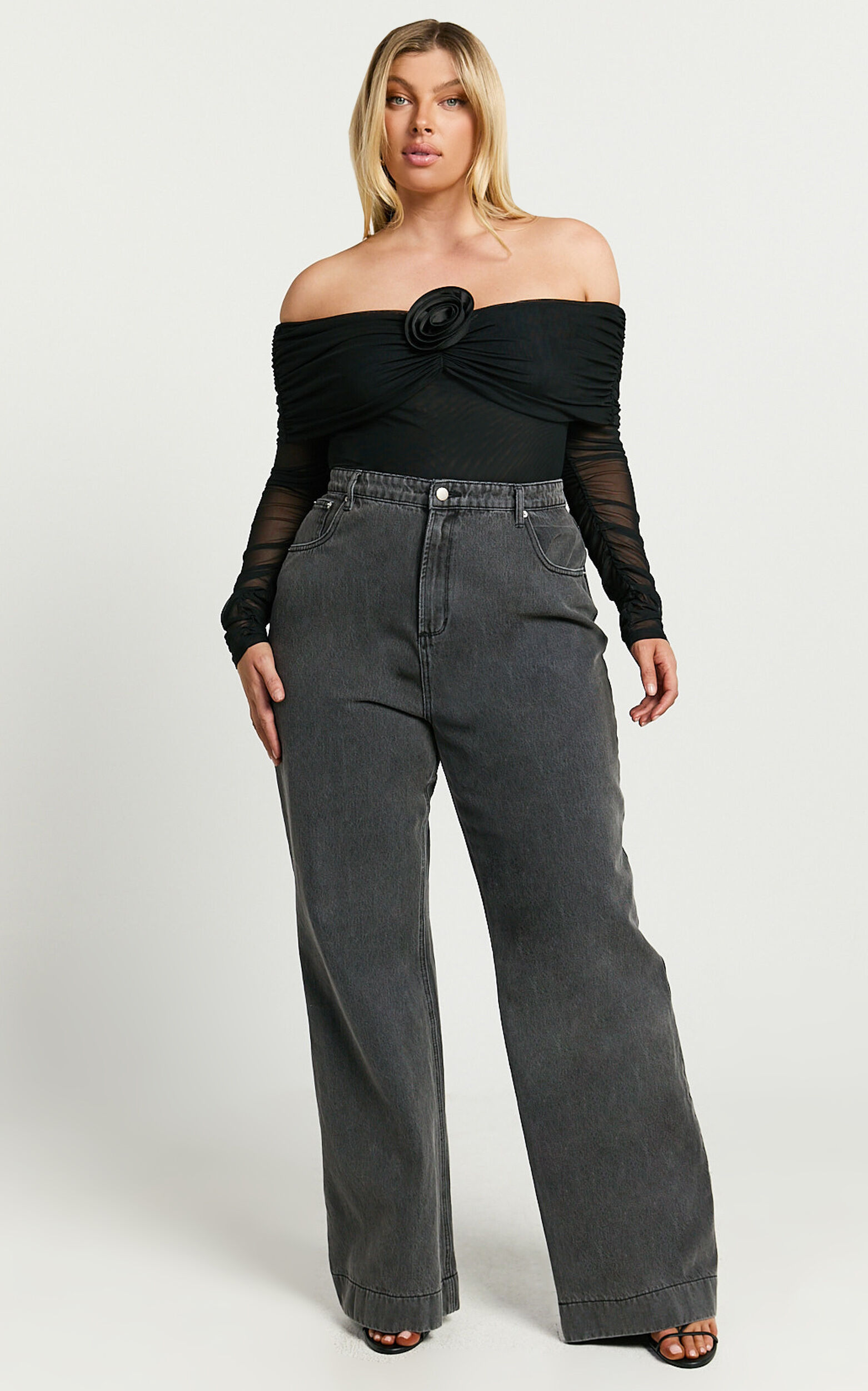 Seraphina Bodysuit - Off Shoulder Long Sleeve Detachable Rosette Mesh Bodysuit in Black 12 Seraphina Bodysuit - Off Shoulder Long Sleeve Detachable Rosette Mesh Bodysuit in Black