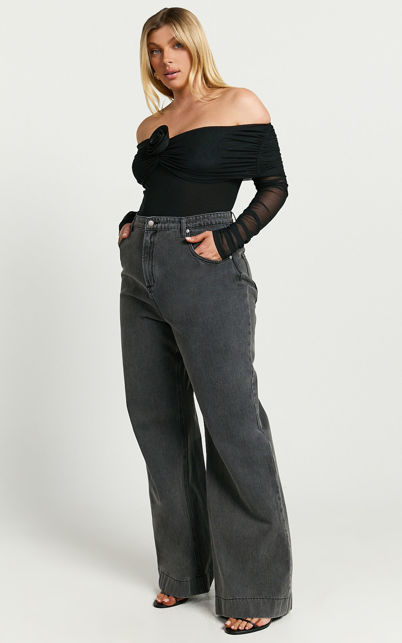 Seraphina Bodysuit - Off Shoulder Long Sleeve Detachable Rosette Mesh Bodysuit in Black 14 Seraphina Bodysuit - Off Shoulder Long Sleeve Detachable Rosette Mesh Bodysuit in Black