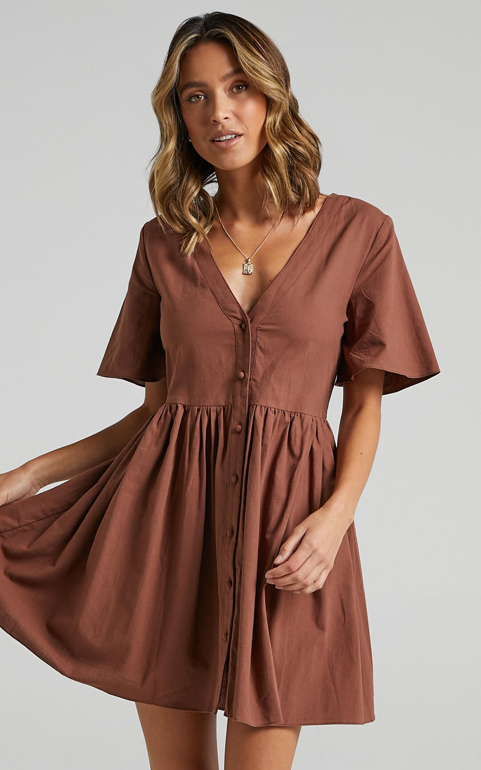 Staycation V-neck Mini Dress in Chocolate