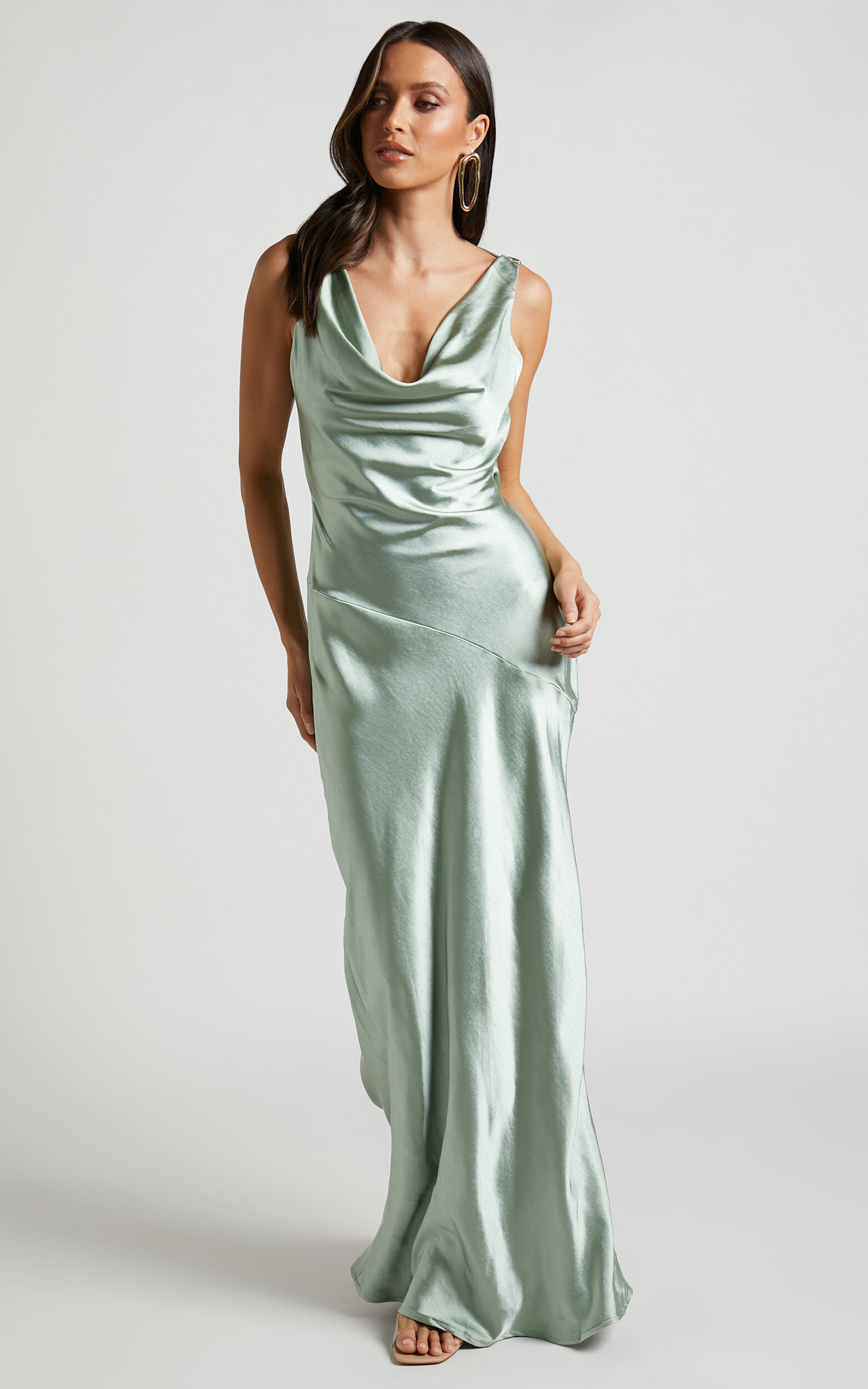 Adilah Maxi Dress - Cowl Neck Satin Dress in Pistachio 1 Adilah Maxi Dress - Cowl Neck Satin Dress in Pistachio