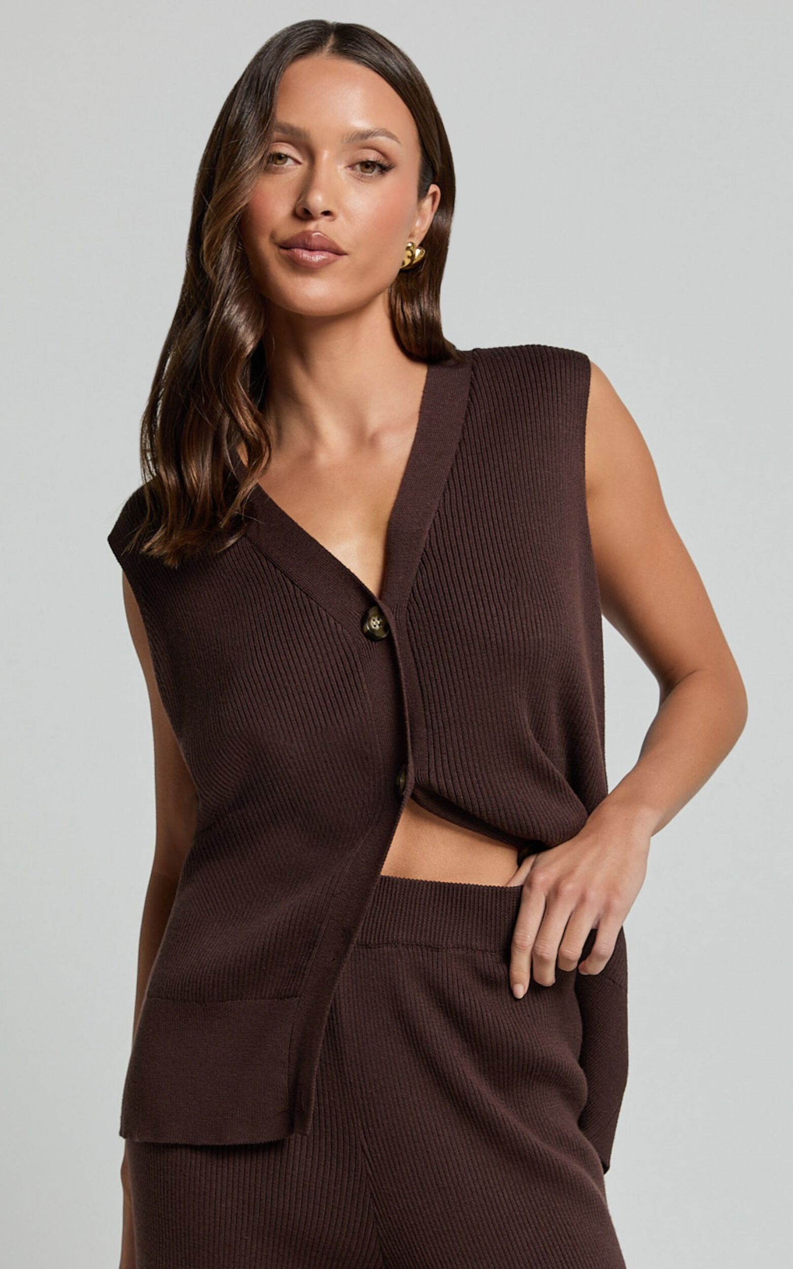 Sasha Top - Knitted Button Through V Neck Sleeveless Top in Chocolate 1 Sasha Top - Knitted Button Through V Neck Sleeveless Top in Chocolate