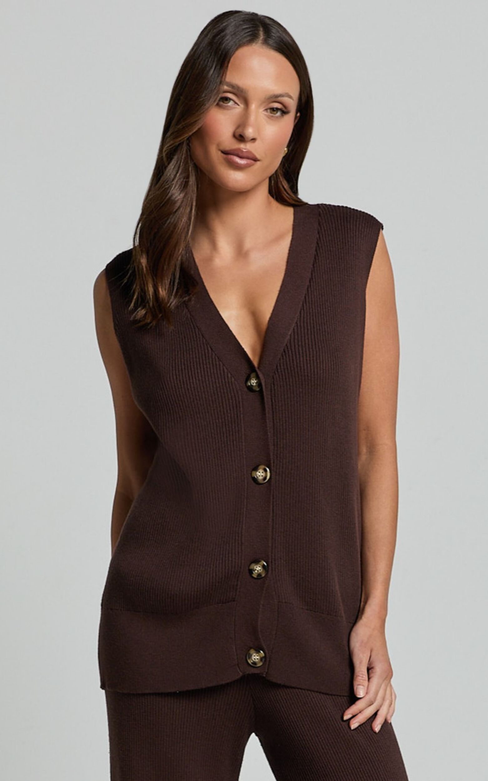 Sasha Top - Knitted Button Through V Neck Sleeveless Top in Chocolate 10 Sasha Top - Knitted Button Through V Neck Sleeveless Top in Chocolate