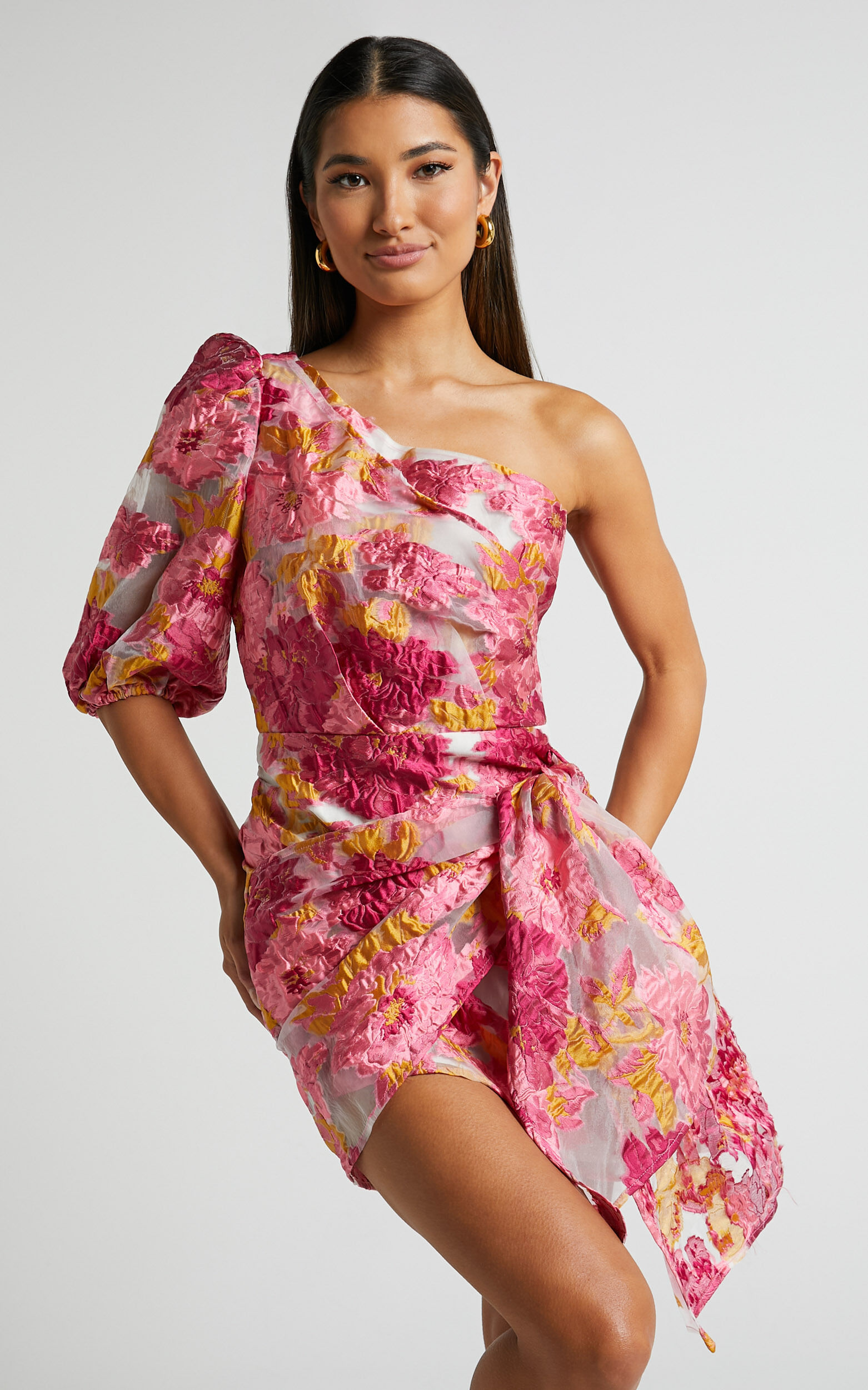 Brailey Mini Dress - One Shoulder Puff Sleeve Dress in Pink Jacquard 1 Brailey Mini Dress - One Shoulder Puff Sleeve Dress in Pink Jacquard