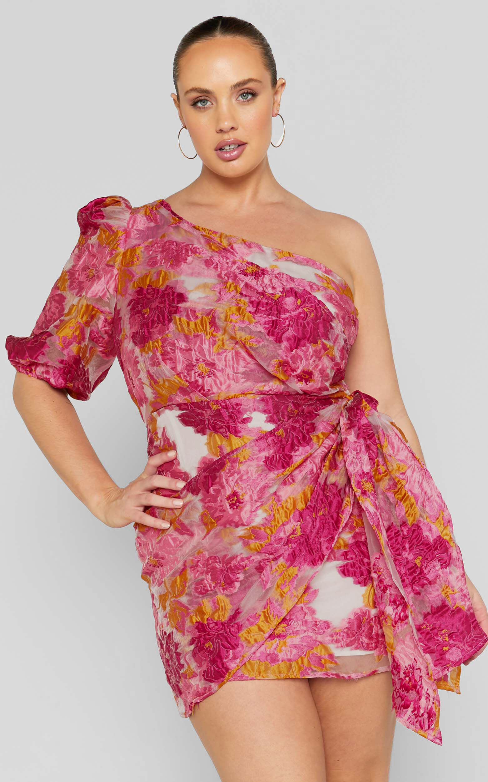 Brailey Mini Dress - One Shoulder Puff Sleeve Dress in Pink Jacquard 10 Brailey Mini Dress - One Shoulder Puff Sleeve Dress in Pink Jacquard