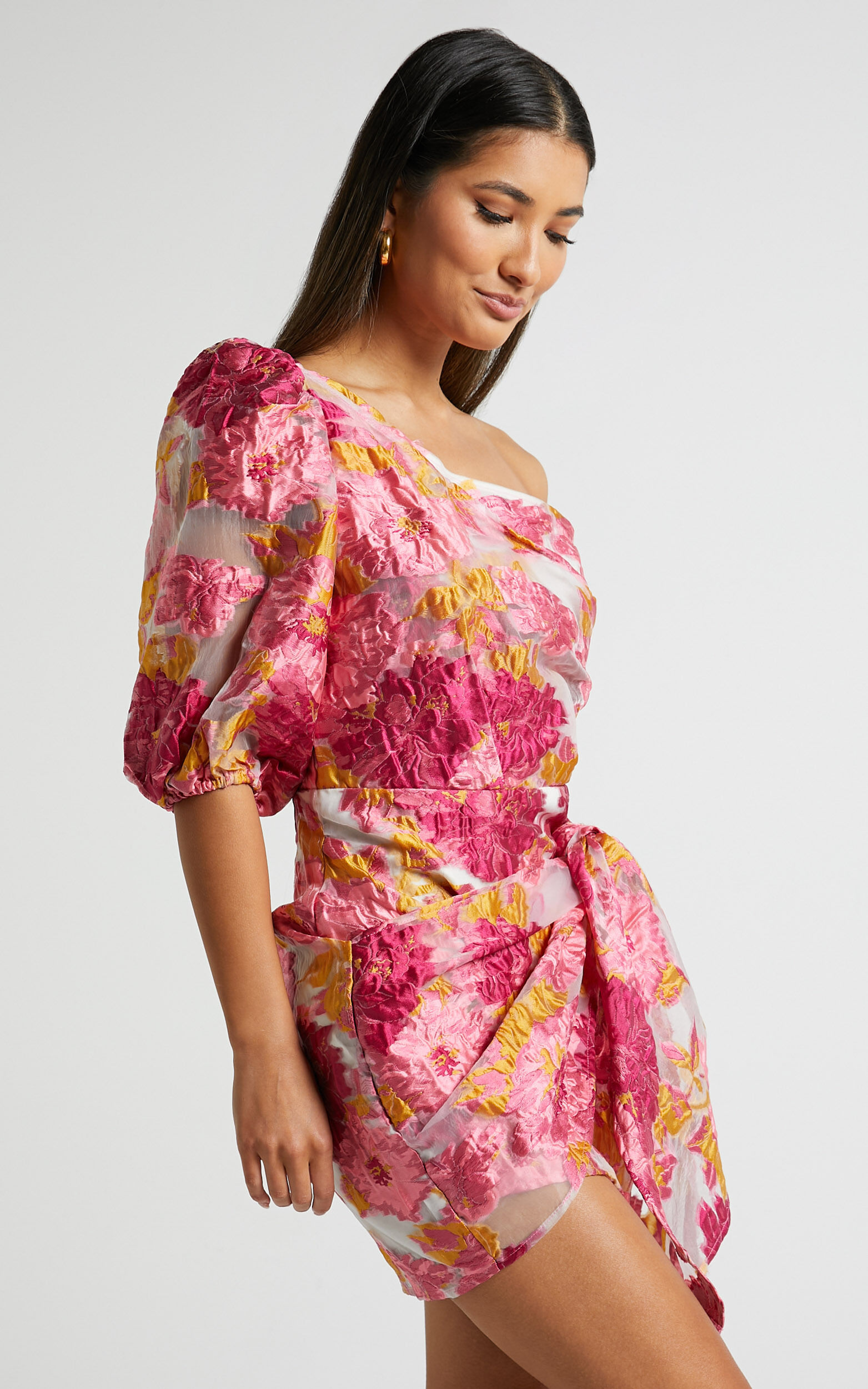 Brailey Mini Dress - One Shoulder Puff Sleeve Dress in Pink Jacquard 13 Brailey Mini Dress - One Shoulder Puff Sleeve Dress in Pink Jacquard