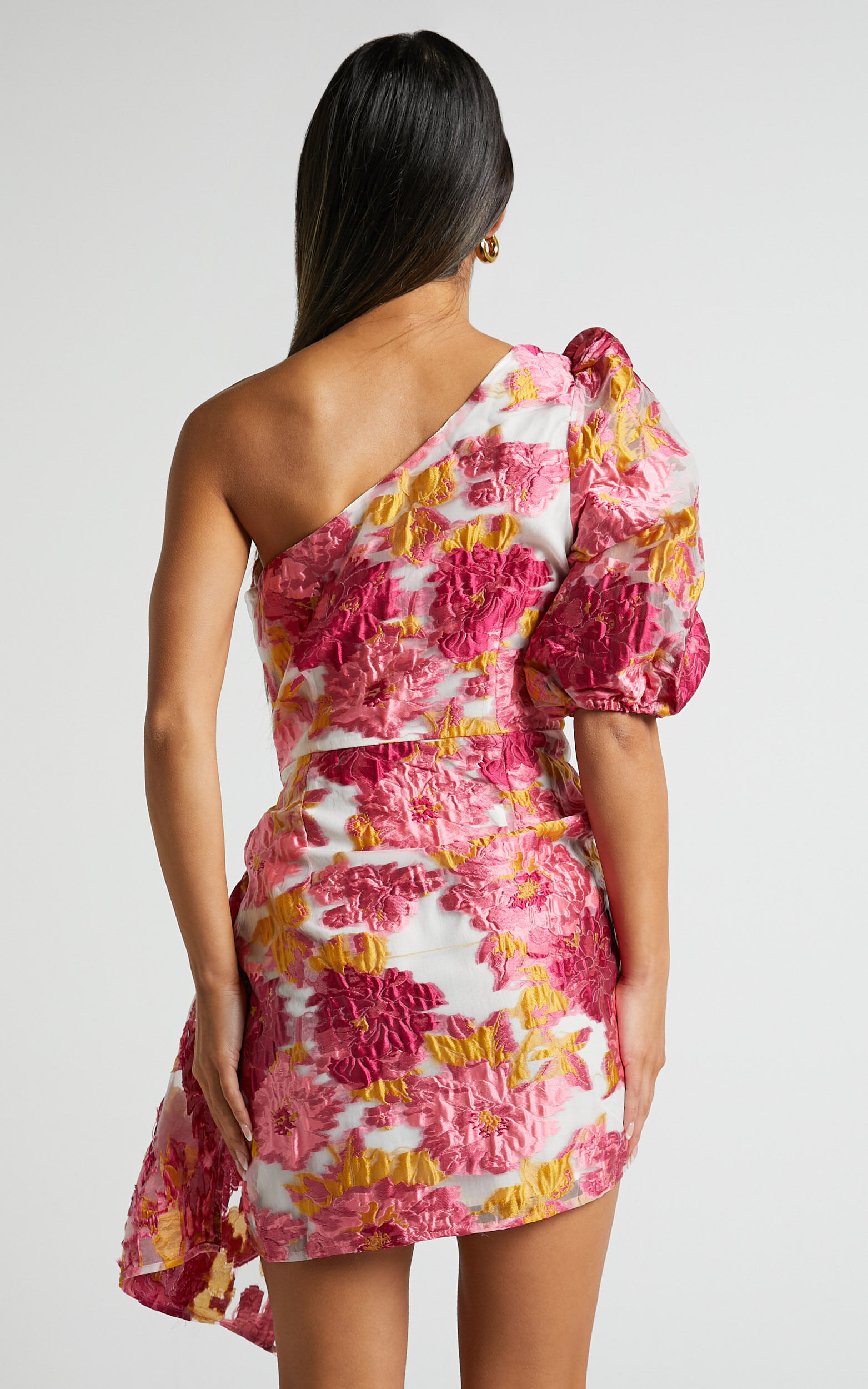 Brailey Mini Dress - One Shoulder Puff Sleeve Dress in Pink Jacquard 15 Brailey Mini Dress - One Shoulder Puff Sleeve Dress in Pink Jacquard